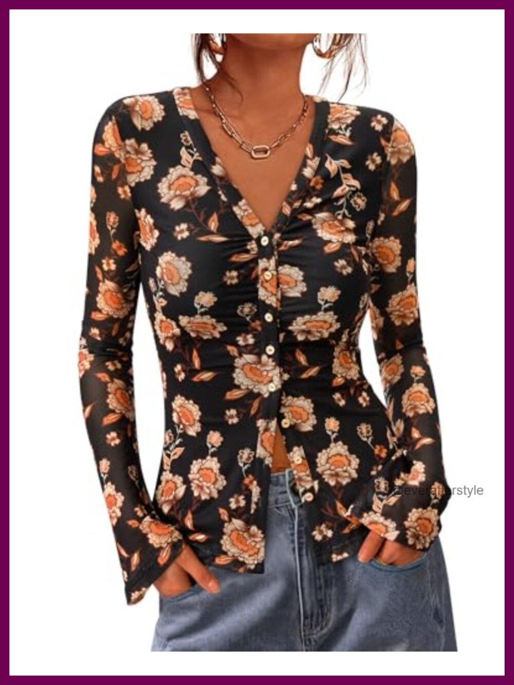 Floral Mesh Button Down Blouse Long Sleeve V Neck